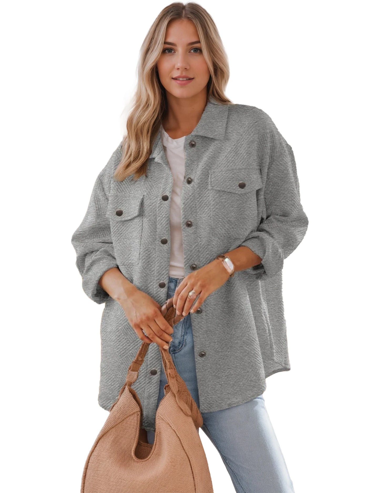 Women's Jacket with Pockets Casual Fall Season Long Sleeve Flannel Shirt Like