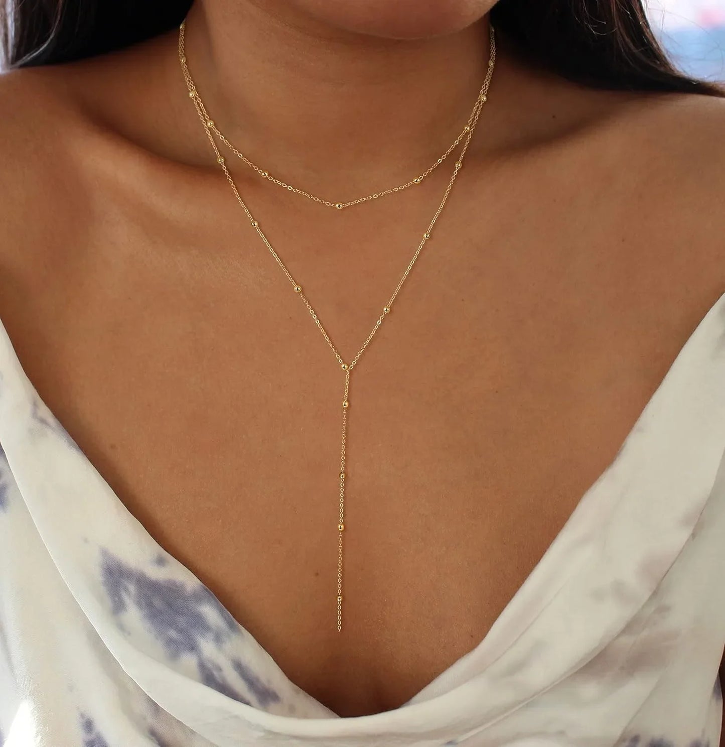 Gold Necklace for Women 14k Gold Plated/Silver Y-Shaped Pendant Necklace Layered Beaded Chain Drop Necklaces