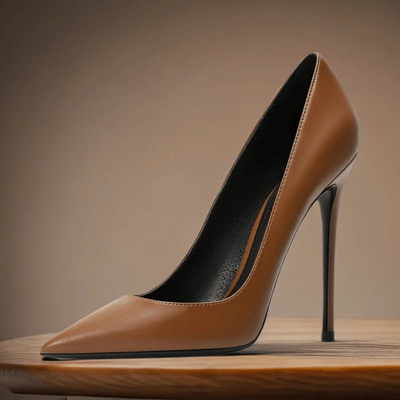 High heels for women thin heels matte brown leather surface professional work shoes shallow mouth pointed toe