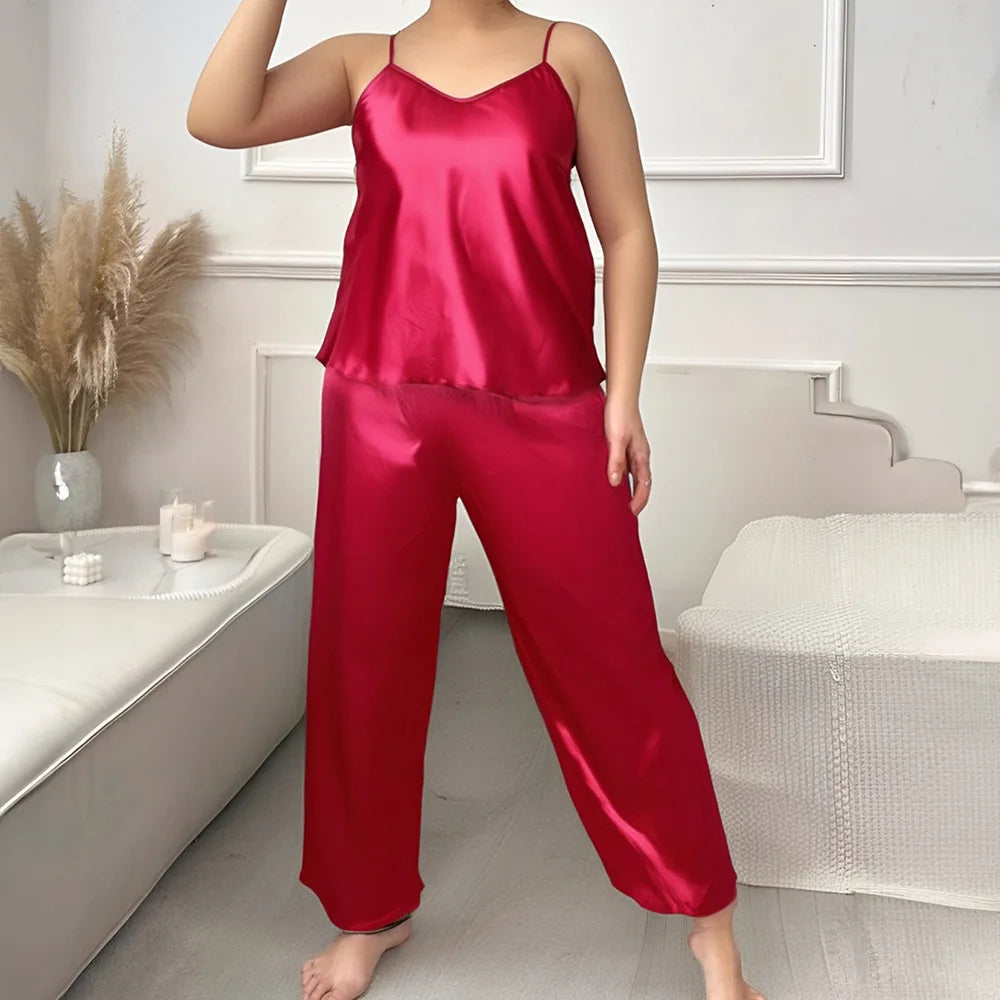 Plus Size 5XL New Female Pajamas Set Sleepwear Sexy Print Flower Suspender Trouser Pijamas Suit Lingerie Satin Home Clothes