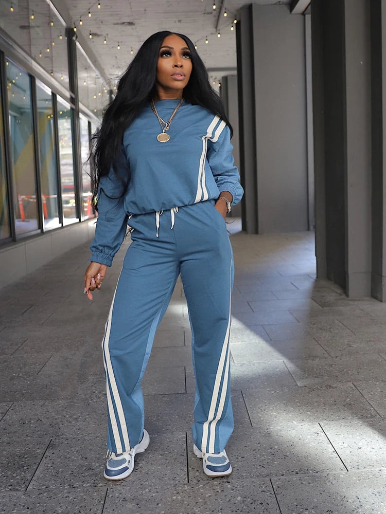 Sweatsuits for Woman Sports Fashion Color Block Stripe Full Sleeve Sweatshirt and Drawstring Long Pants 2 Piece Sets