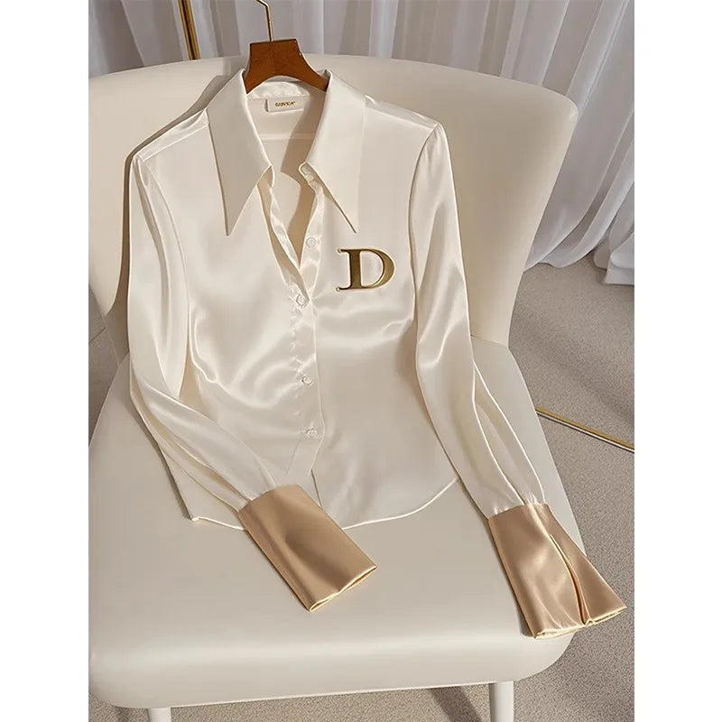 Women's Clothing Women Shirt Early autumn western-style high-end top niche unique cool white acetate satin shirt Blouses Shirts