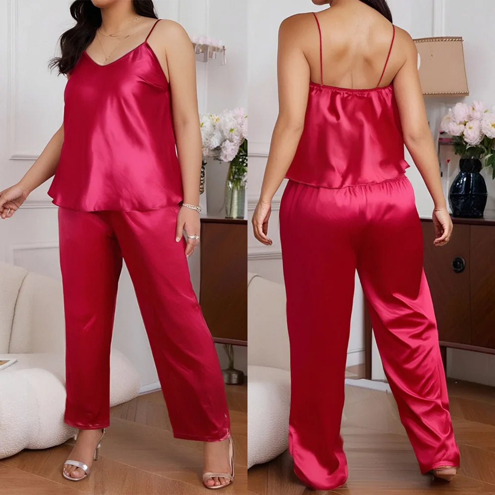 Plus Size 5XL New Female Pajamas Set Sleepwear Sexy Print Flower Suspender Trouser Pijamas Suit Lingerie Satin Home Clothes