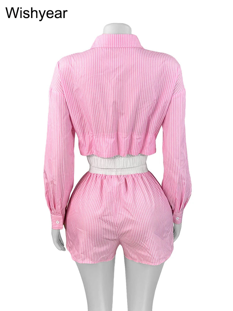Tracksuits 2 Pieces Women's Striped Long Sleeve Blouse Shirt Top and Shorts Set Casual Sports Streetwear