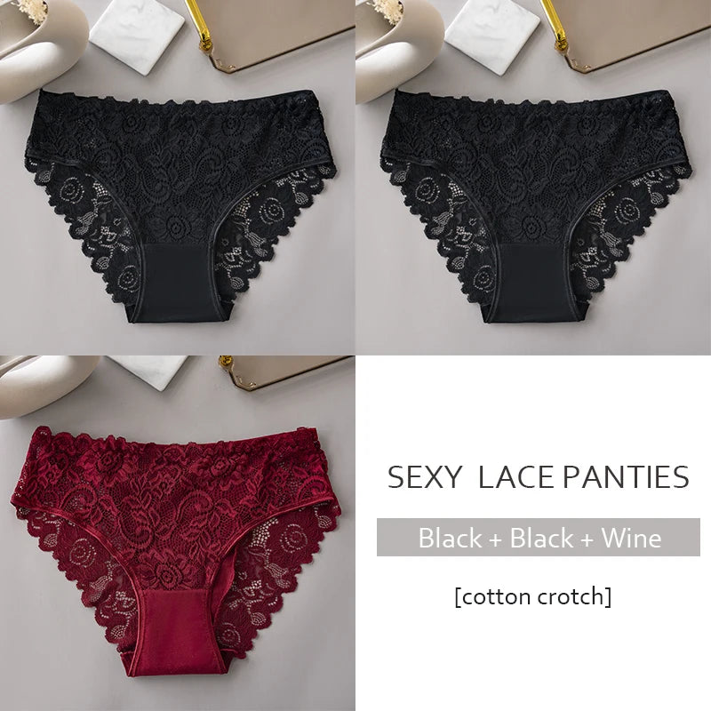 3PCS/Set Luxury Floral Embroidery Lace Panties Women Briefs Sexy Hollow Lingerie Breathable