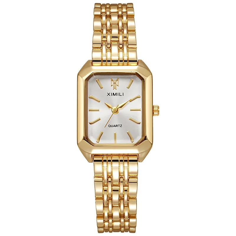 Women Business Luxury Ladies Fashion Quartz Watch Simple Scale Square Quality Gold Plated Stainless Steel Folding Clock