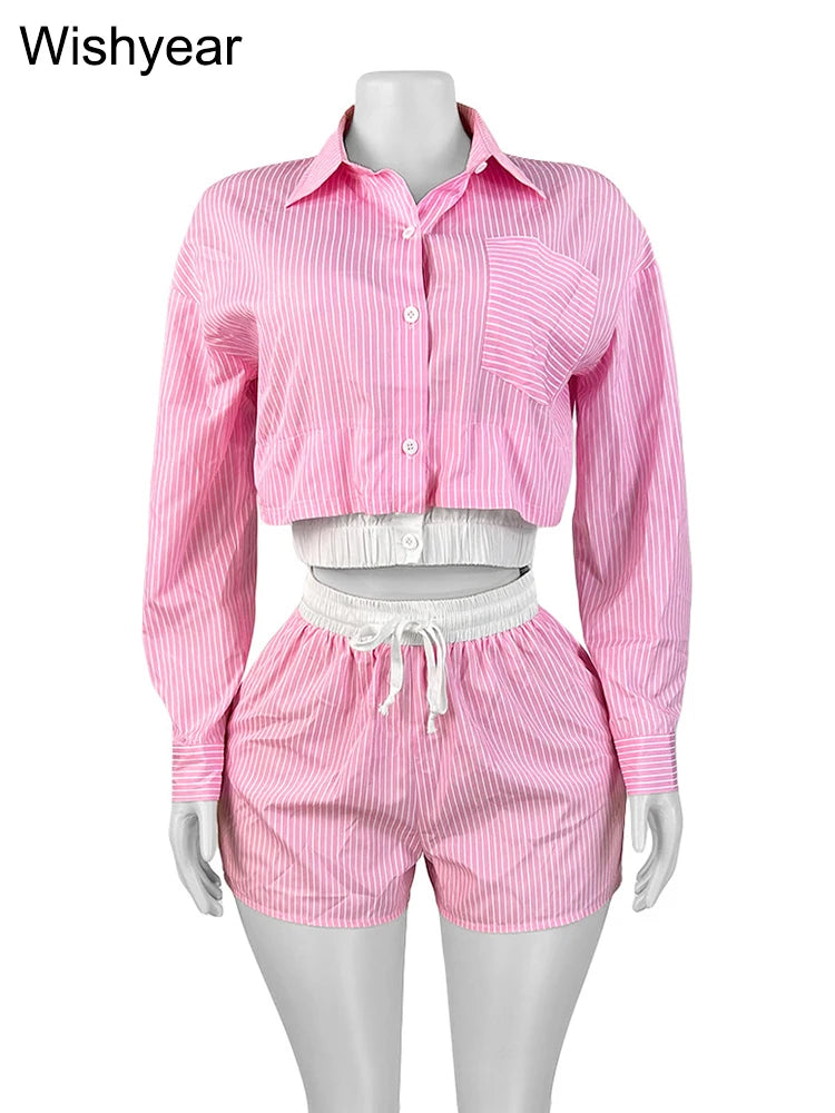 Tracksuits 2 Pieces Women's Striped Long Sleeve Blouse Shirt Top and Shorts Set Casual Sports Streetwear