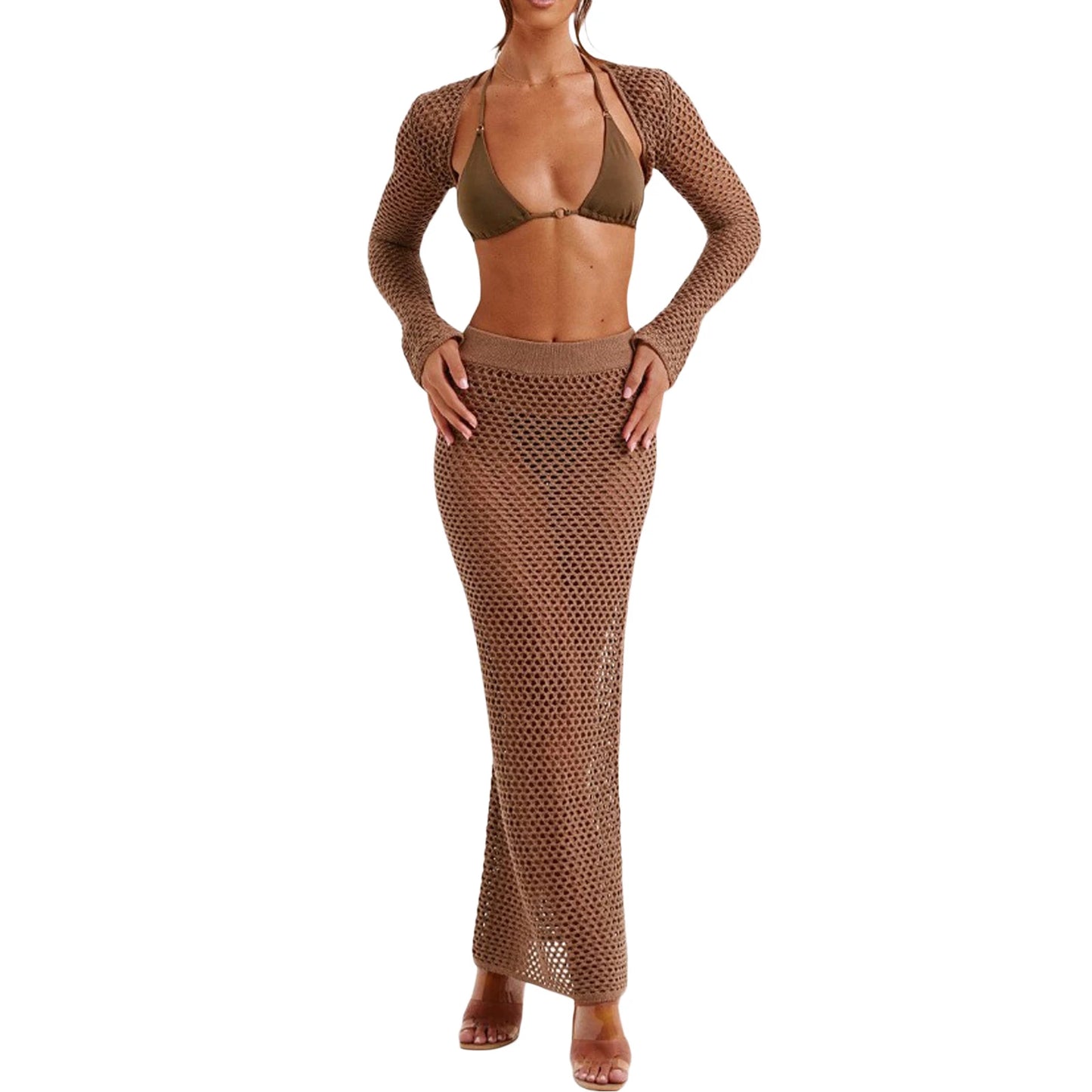 Women's 2 Piece Swimsuit Set Long Sleeve Shrug Tops Elastic Waist Hollowed Cover Up Skirt