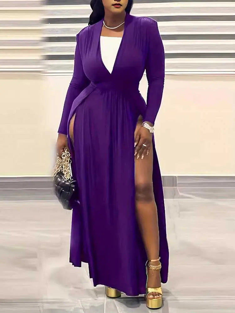 Plus Size Women Clothing 2xl 3xl 4xl 5xl Long Elegant Dress with Sleeves Autumn Ladies Sexy Party Solid Waist Dress Side Slit