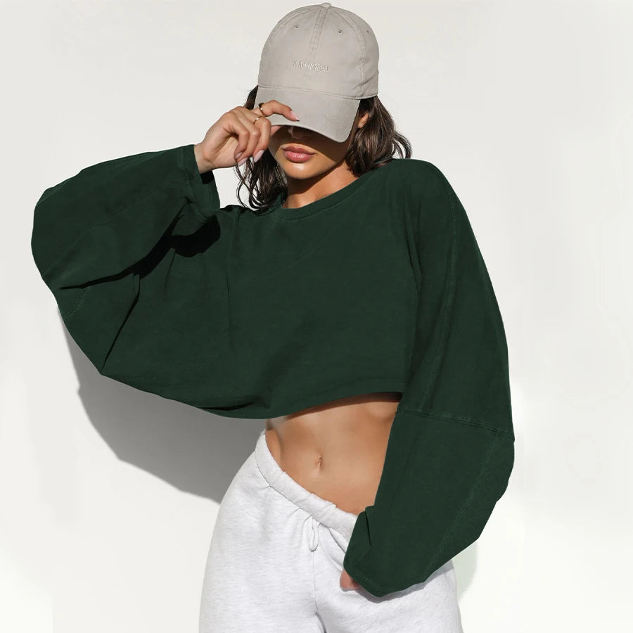 Women's Sports Crop Top T-Shirts Gym Clothing Yoga Loose Tops Long Sleeve Sportswear