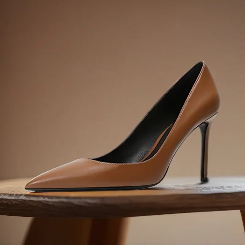 High heels for women thin heels matte brown leather surface professional work shoes shallow mouth pointed toe