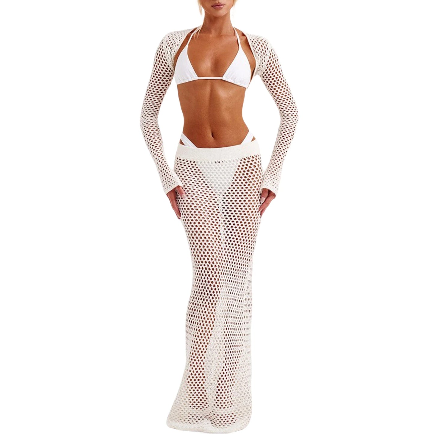 Women's 2 Piece Swimsuit Set Long Sleeve Shrug Tops Elastic Waist Hollowed Cover Up Skirt