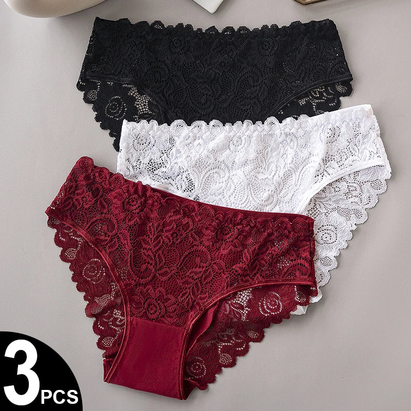 3PCS/Set Luxury Floral Embroidery Lace Panties Women Briefs Sexy Hollow Lingerie Breathable