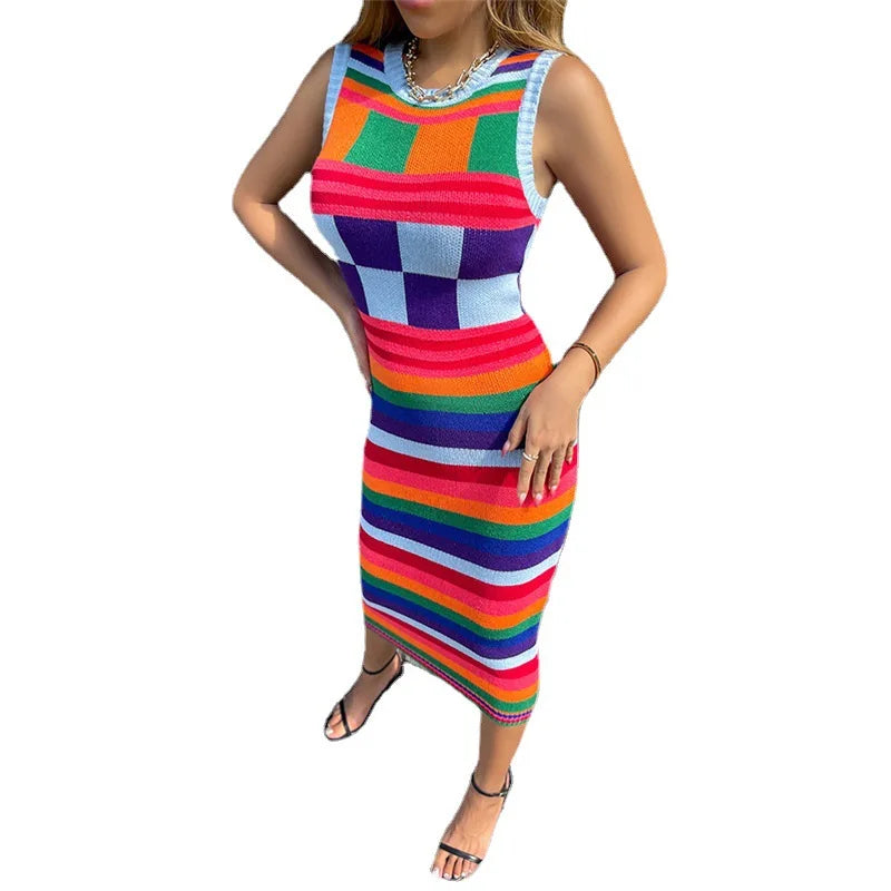 Women's clothing new fashionable contrasting color long slim fit wrapped buttocks knitted dress