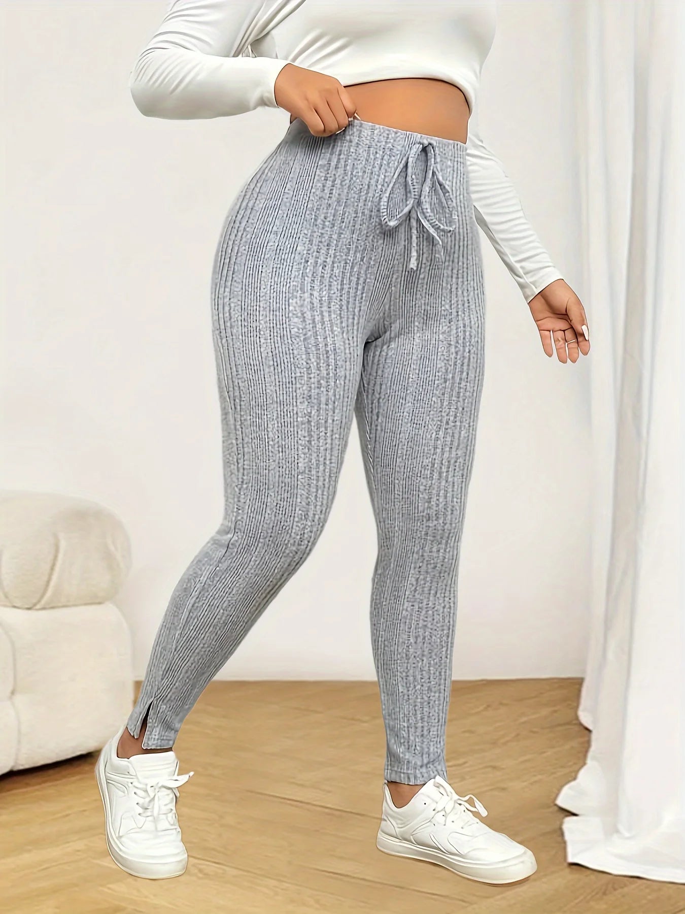 Plus Size 1XL-5XL Fashionable Women's Solid Color Slim Leggings Pants Ladies Casual Lace Up Pants Women's Casual Cropped Pants