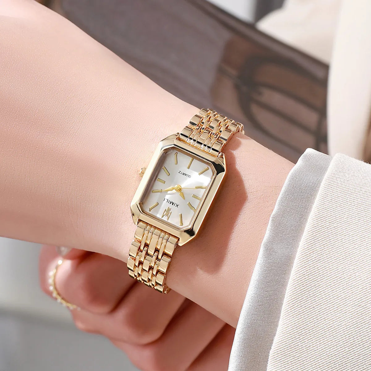Women Business Luxury Ladies Fashion Quartz Watch Simple Scale Square Quality Gold Plated Stainless Steel Folding Clock
