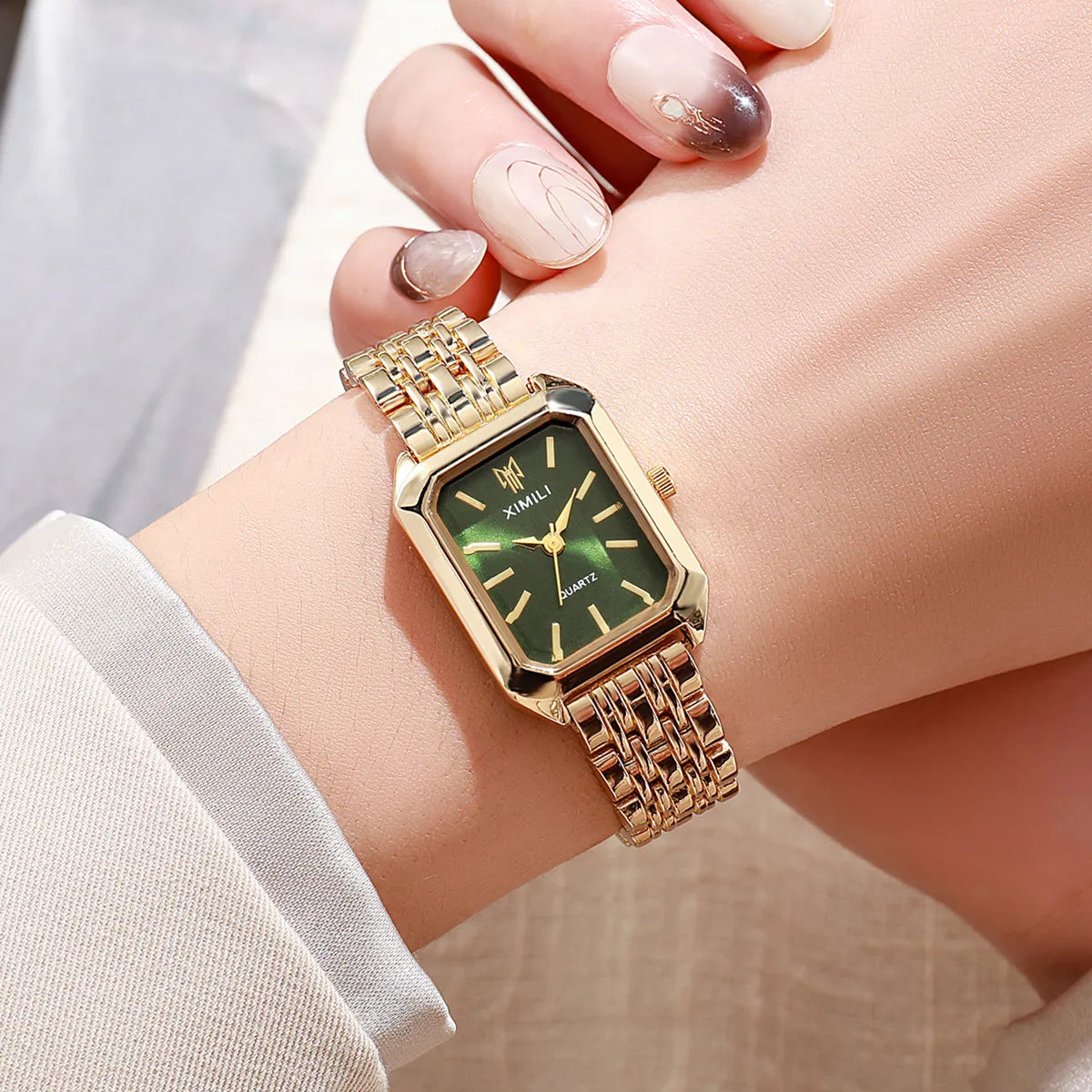 Women Business Luxury Ladies Fashion Quartz Watch Simple Scale Square Quality Gold Plated Stainless Steel Folding Clock