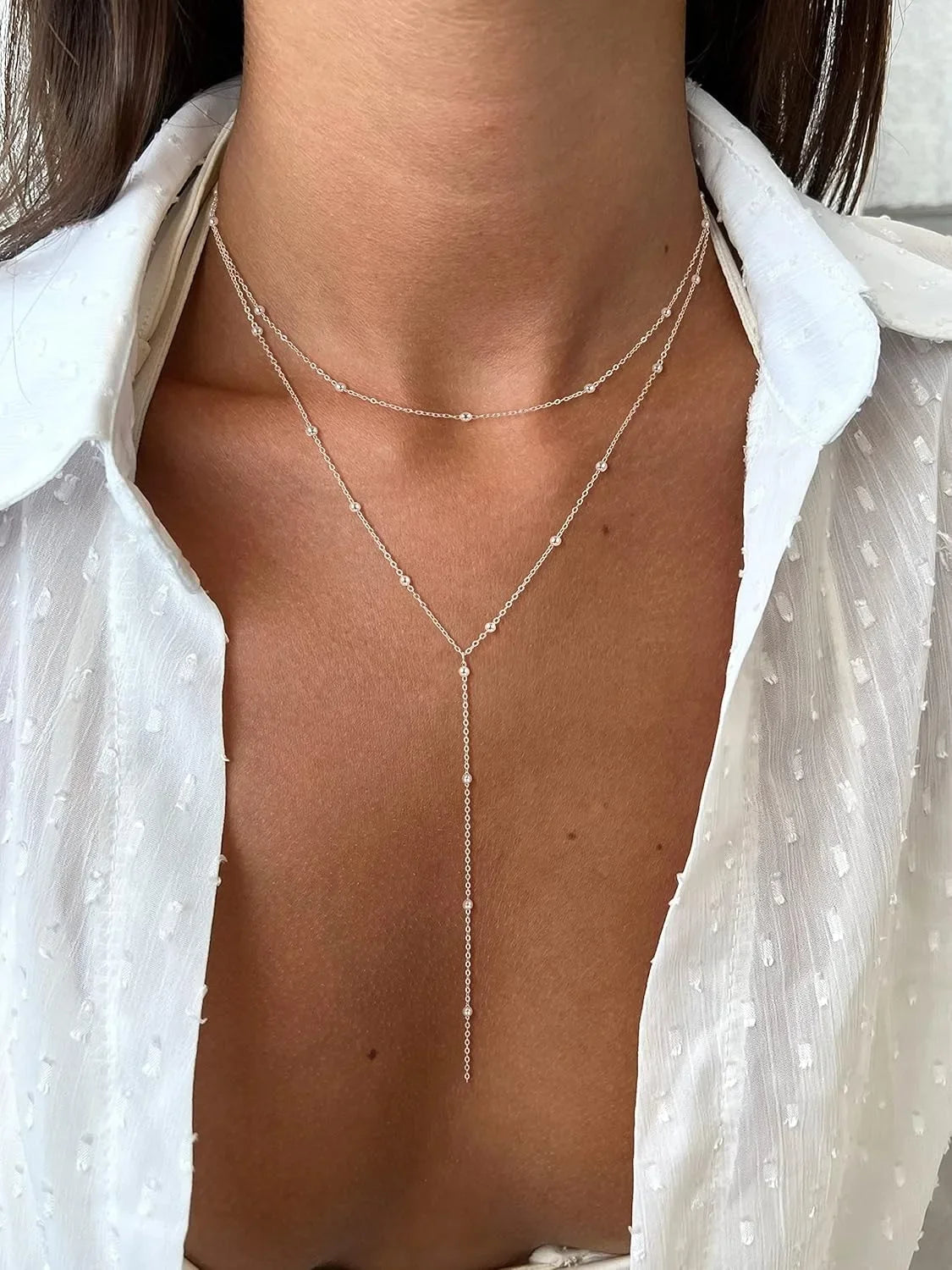 Gold Necklace for Women 14k Gold Plated/Silver Y-Shaped Pendant Necklace Layered Beaded Chain Drop Necklaces