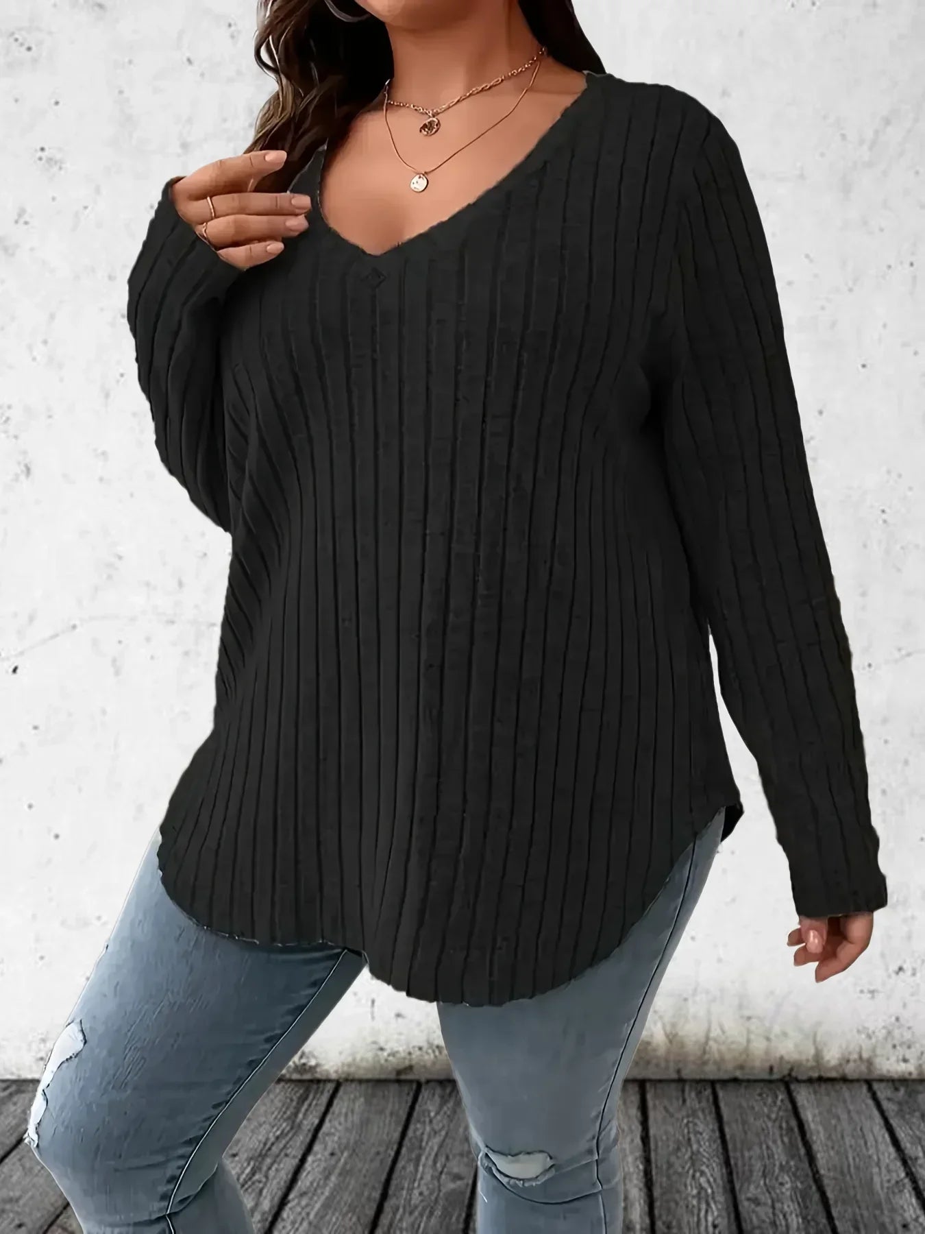 Plus Size 1XL-5XL Women's Casual Fashion V Neck Long Sleeve T-Shirt LadiesWomen's Plus Size Solid Ribbed T-Shirt Clothing