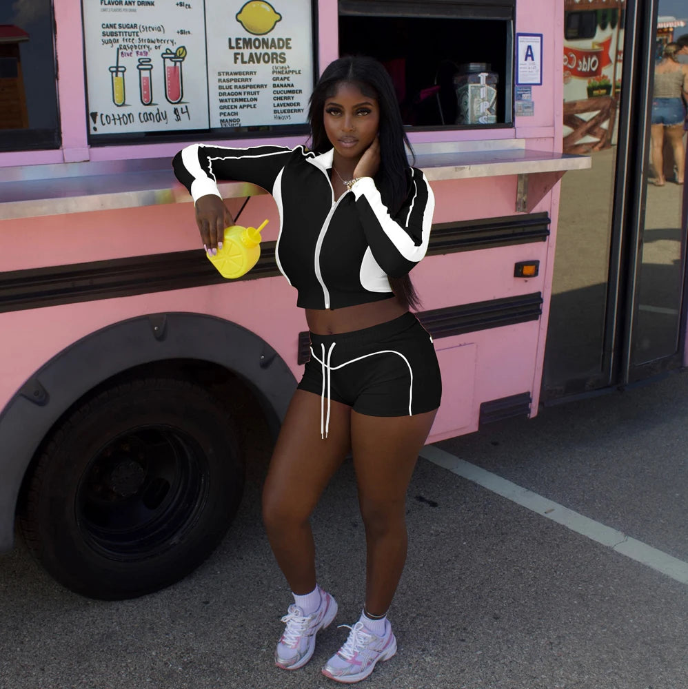 Tracksuit Women Patchwork 2 Piece Set Trendy Sporty Outfits Zip Long Sleeve Crop Jacket and Shorts Suits Matching Sets