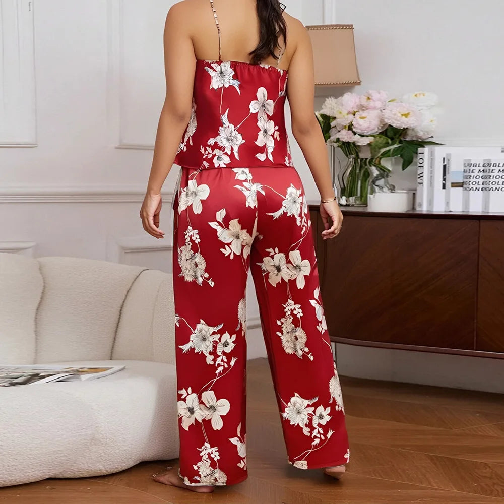 Plus Size 5XL New Female Pajamas Set Sleepwear Sexy Print Flower Suspender Trouser Pijamas Suit Lingerie Satin Home Clothes