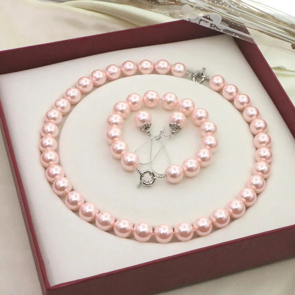 Necklace for Women 12mm Pink Pearl Necklace Bracelet Earrings Sets Jewelry