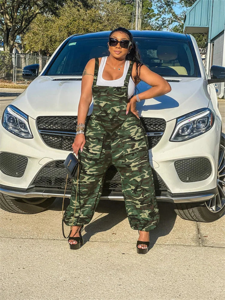 Plus Size Jumpsuit Women S-2XL Camouflage Cargo Pants Pockets Casual Cool Fashion Street Wear Romper