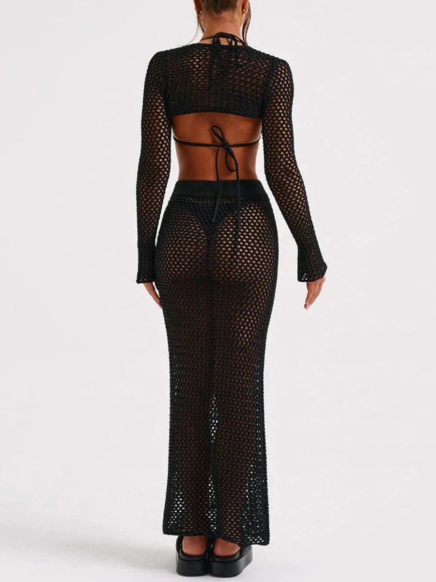 Women's 2 Piece Swimsuit Set Long Sleeve Shrug Tops Elastic Waist Hollowed Cover Up Skirt
