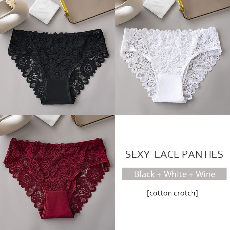 3PCS/Set Luxury Floral Embroidery Lace Panties Women Briefs Sexy Hollow Lingerie Breathable