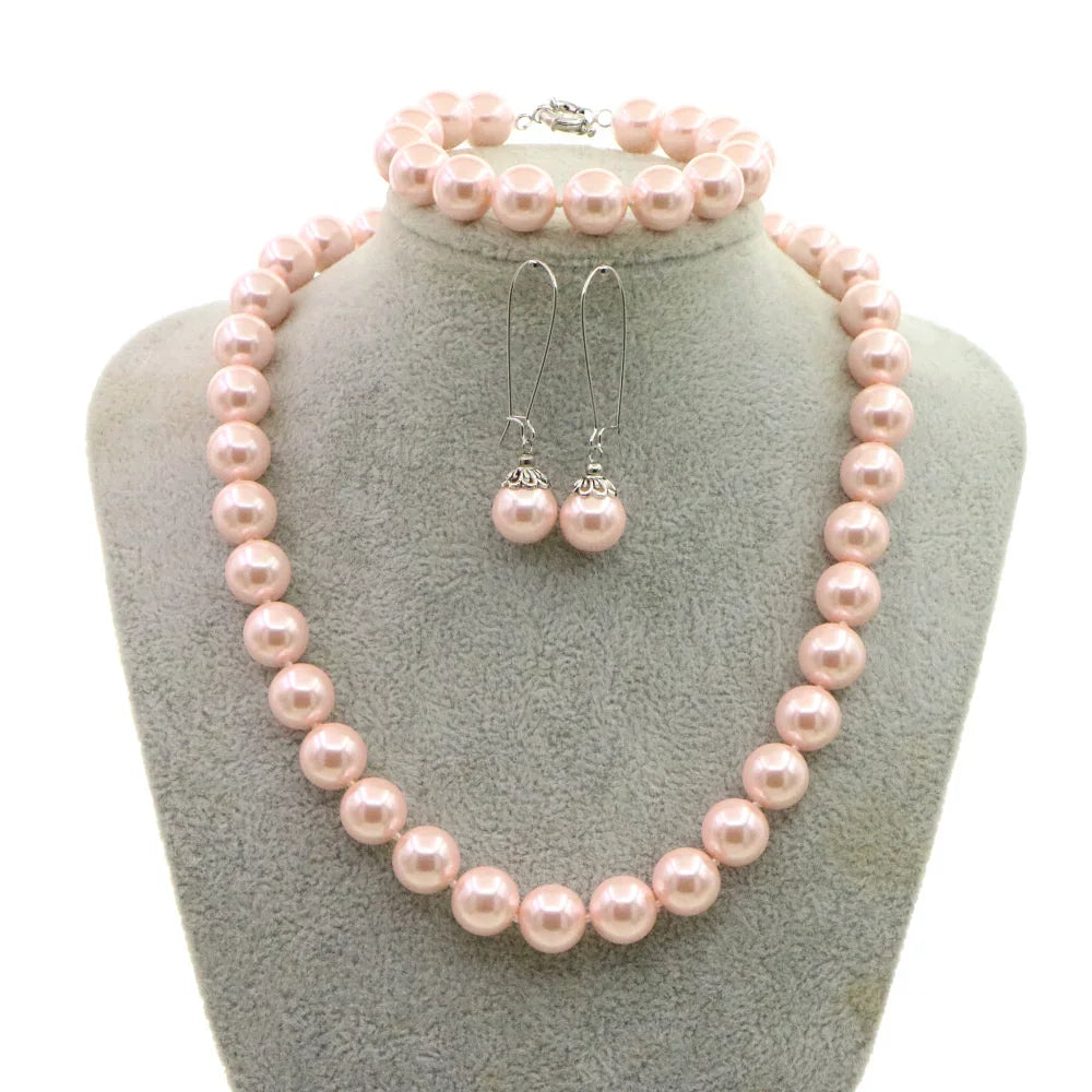 Necklace for Women 12mm Pink Pearl Necklace Bracelet Earrings Sets Jewelry