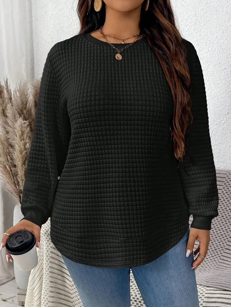 Plus-Size Women's Spring And Winter Fashion Casual Solid Color Checkered Pullover Sweatshirt