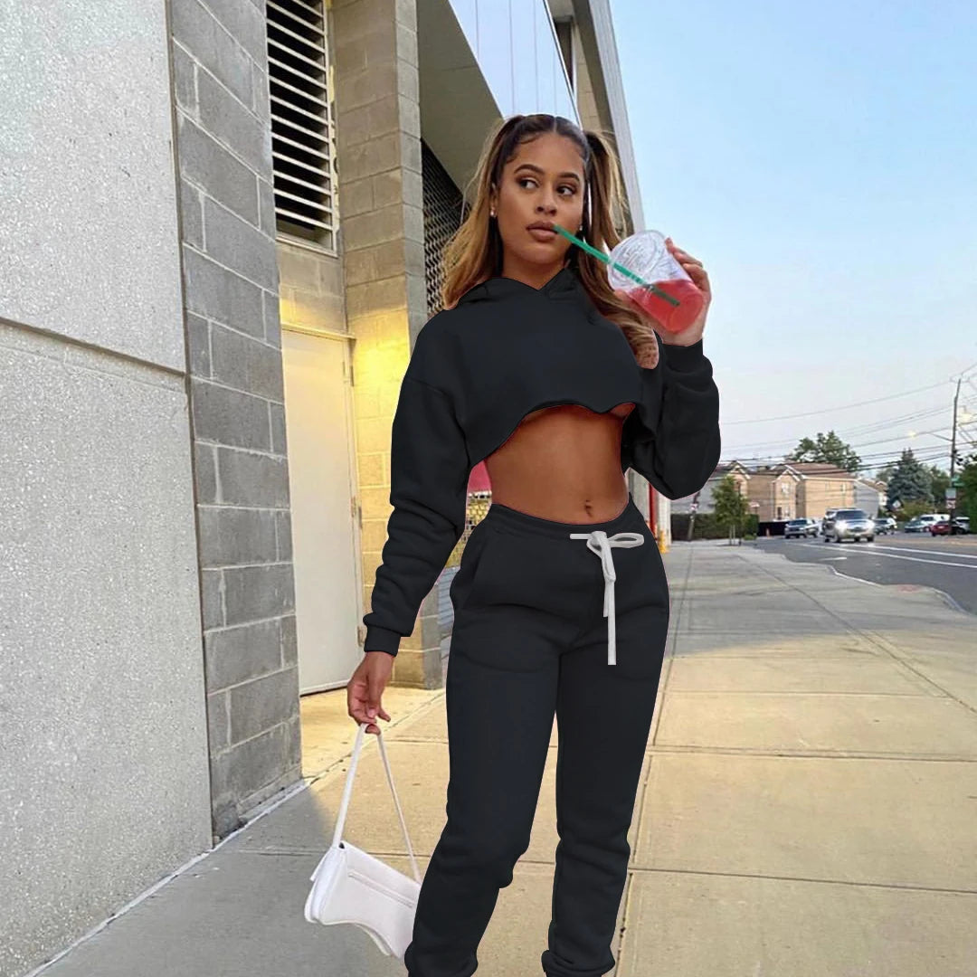 Women's Jogging Tracksuit Suit for Fitness Running Sets Fleece Long Sleeve Cropped Hoodies+Jogger Sweatpants Sweatsuits