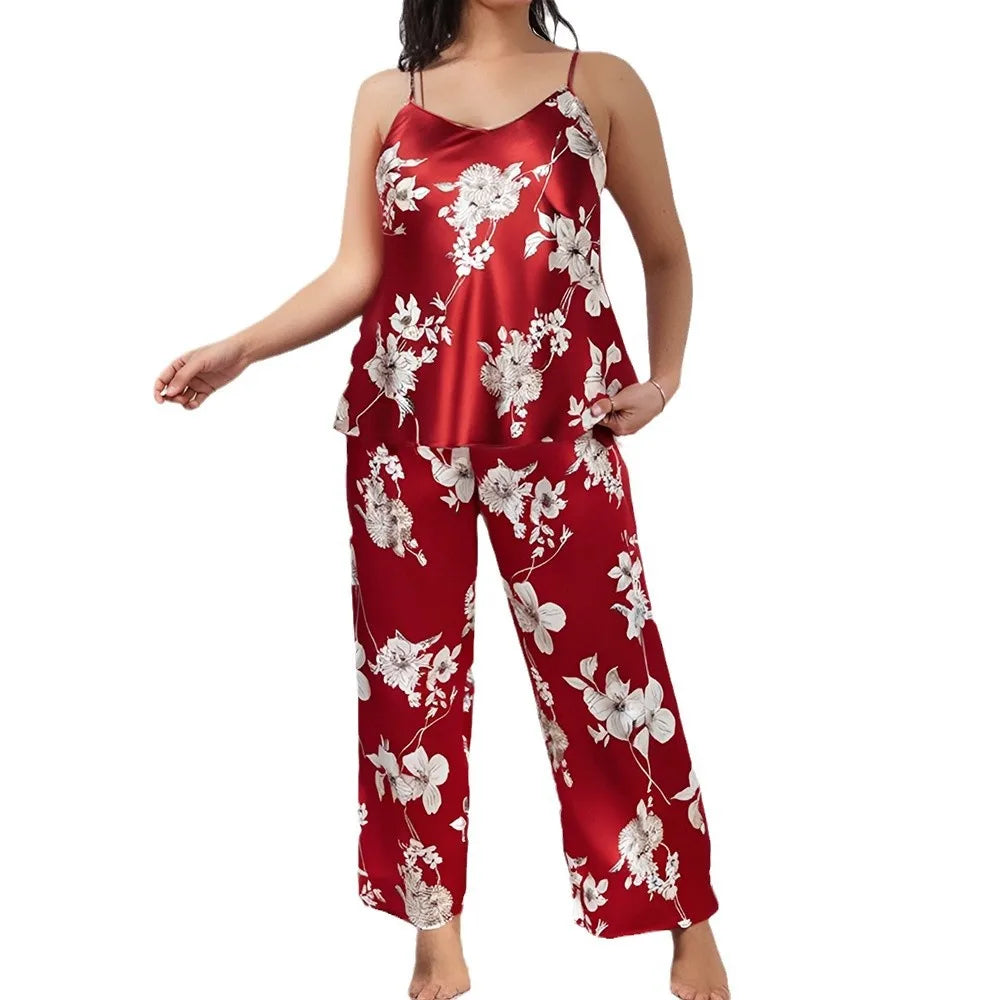 Plus Size 5XL New Female Pajamas Set Sleepwear Sexy Print Flower Suspender Trouser Pijamas Suit Lingerie Satin Home Clothes