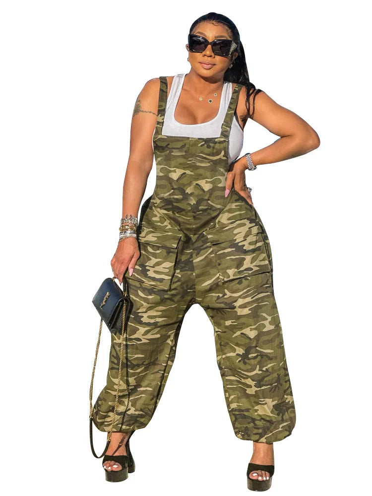 Plus Size Jumpsuit Women S-2XL Camouflage Cargo Pants Pockets Casual Cool Fashion Street Wear Romper