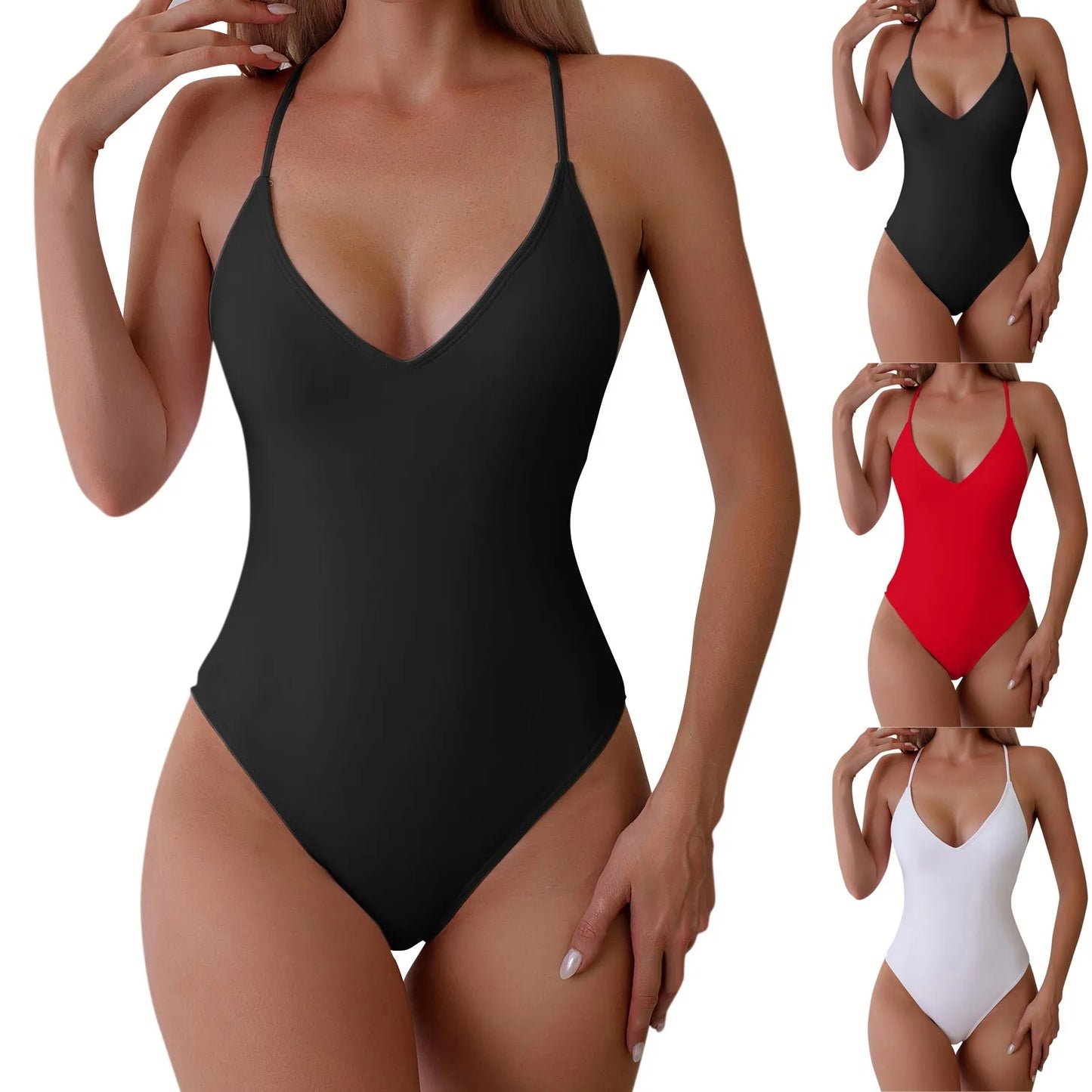 Women'S One-Piece Swimsuit Casual Solid Color Sexy Backless Bikini Adjustable Strap Lace-Up High Cut Swimsuit