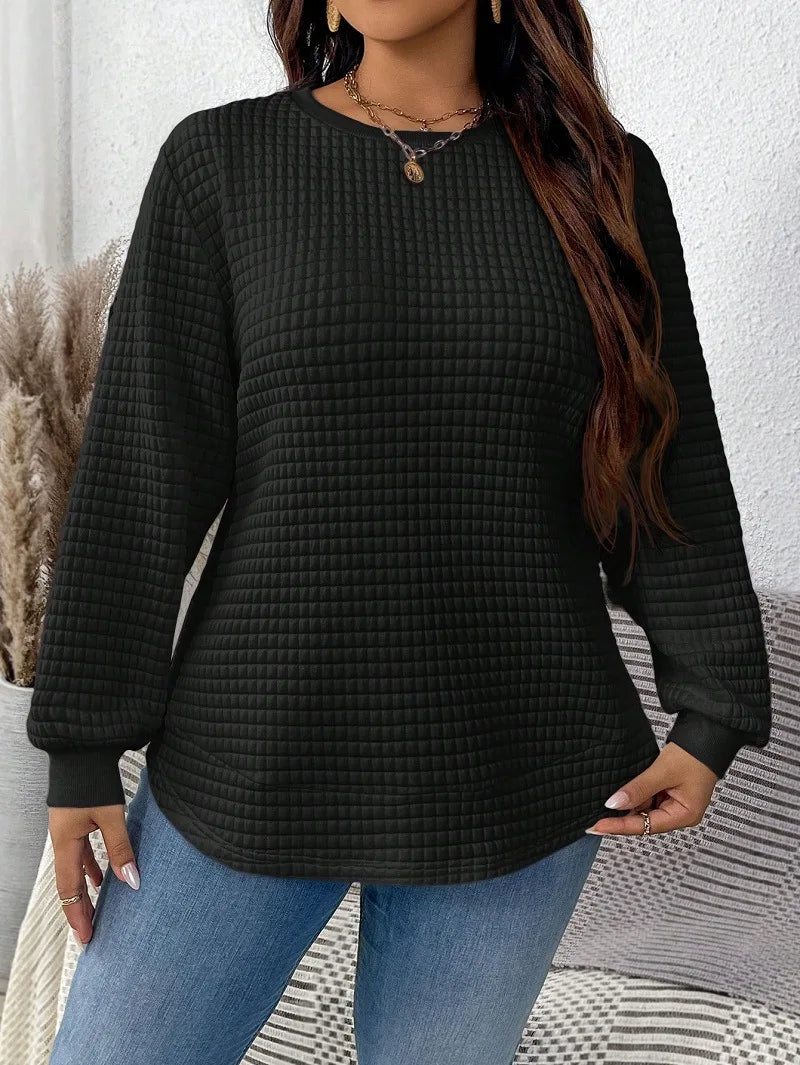 Plus-Size Women's Spring And Winter Fashion Casual Solid Color Checkered Pullover Sweatshirt