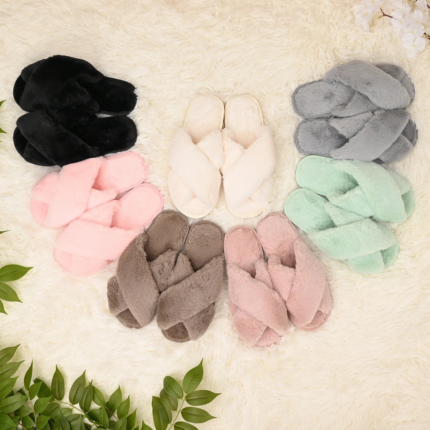 White/Black/Grey/Pink/Peach/Green/ Brown Plush Slippers, Cross Strap Slippers Plush Soft Home