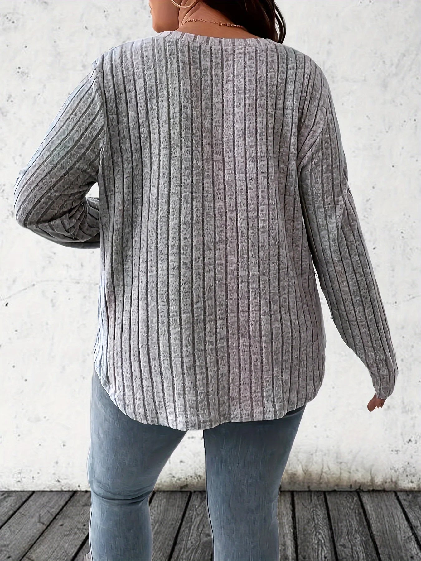 Women Fashion Plus Size 1XL-5XL Solid Ribbed T-Shirt Ladies Casual V Neck Long Sleeve T-Shirt Women's Plus Size Clothing
