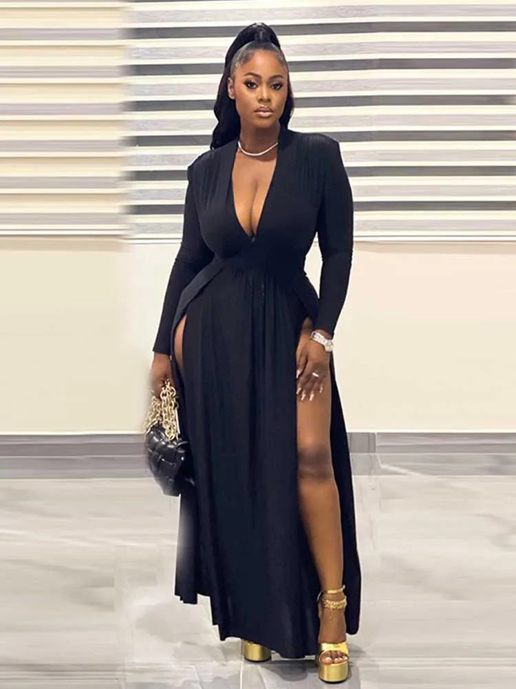 Plus Size Women Clothing 2xl 3xl 4xl 5xl Long Elegant Dress with Sleeves Autumn Ladies Sexy Party Solid Waist Dress Side Slit