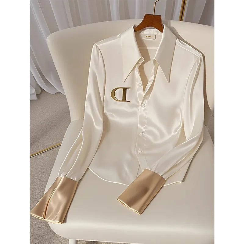 Women's Clothing Women Shirt Early autumn western-style high-end top niche unique cool white acetate satin shirt Blouses Shirts