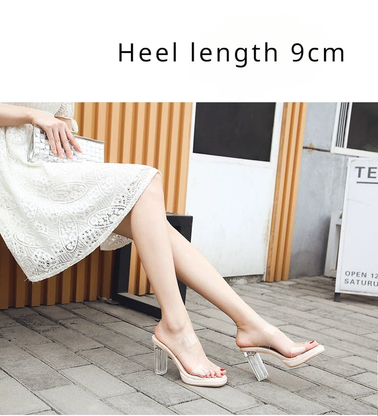 Women's High Heels, Waterproof Thick Crystal Slippers