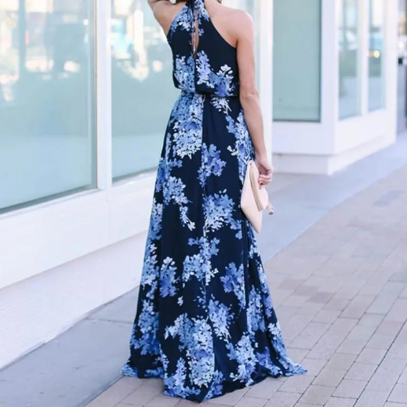 Women's Clothing Fashion New Street Printed Round Neck Waist Long Dress