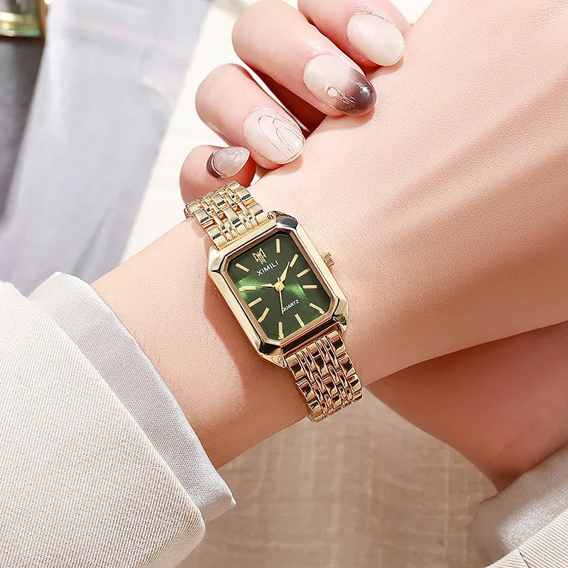 Women Business Luxury Ladies Fashion Quartz Watch Simple Scale Square Quality Gold Plated Stainless Steel Folding Clock