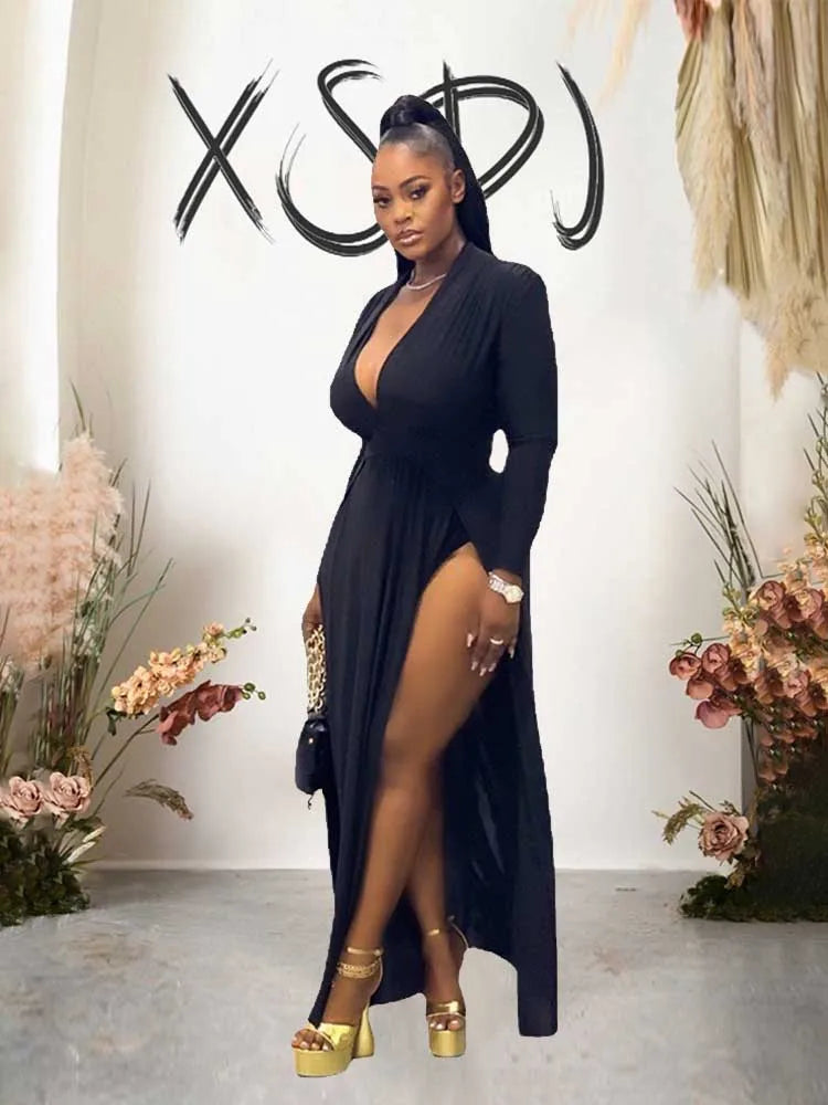 Plus Size Women Clothing 2xl 3xl 4xl 5xl Long Elegant Dress with Sleeves Autumn Ladies Sexy Party Solid Waist Dress Side Slit