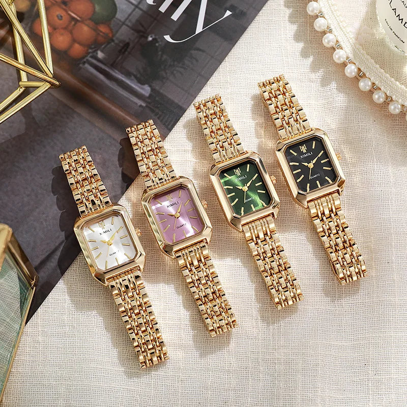 Women Business Luxury Ladies Fashion Quartz Watch Simple Scale Square Quality Gold Plated Stainless Steel Folding Clock