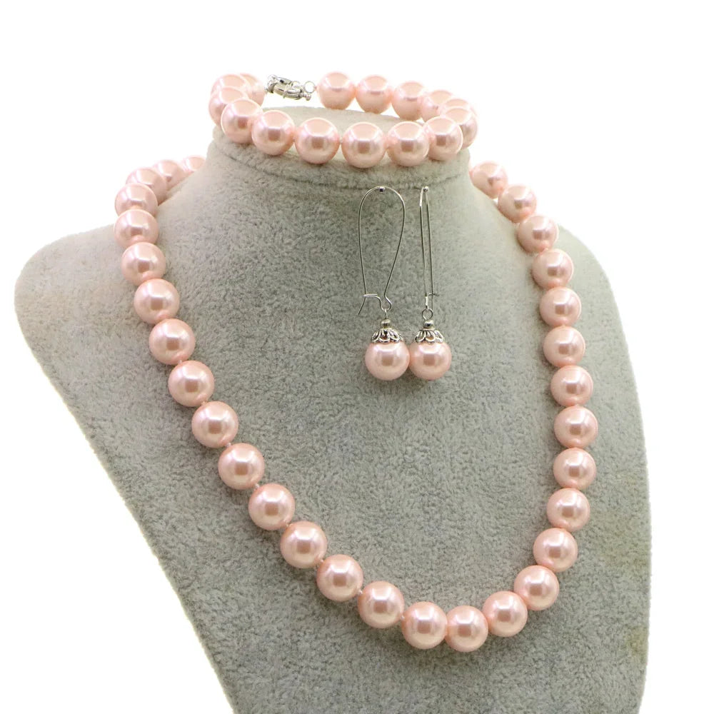 Necklace for Women 12mm Pink Pearl Necklace Bracelet Earrings Sets Jewelry