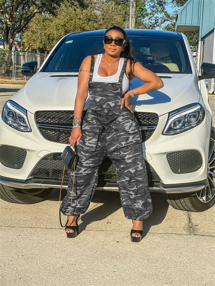 Plus Size Jumpsuit Women S-2XL Camouflage Cargo Pants Pockets Casual Cool Fashion Street Wear Romper