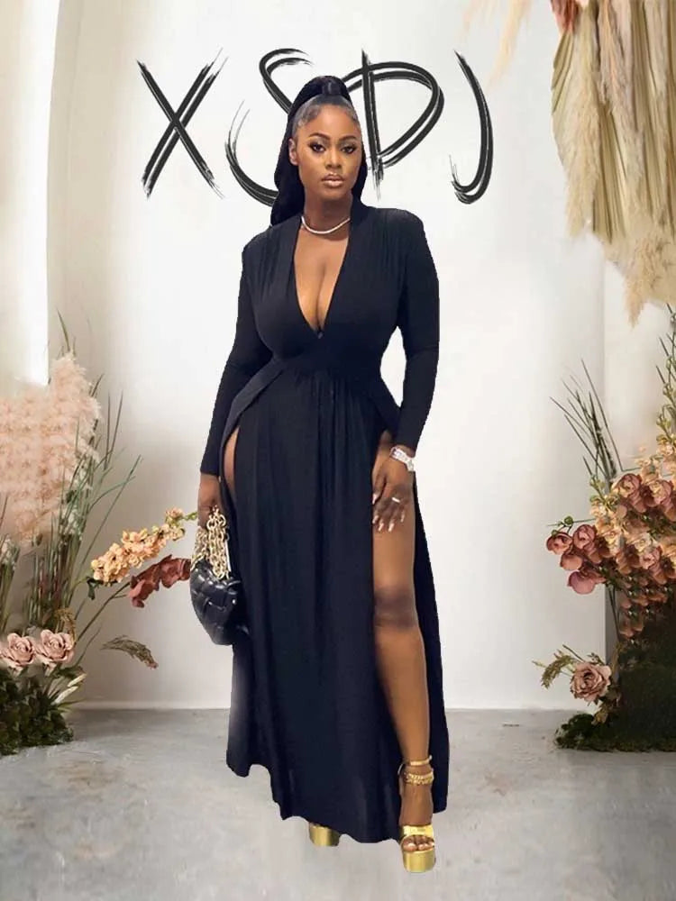 Plus Size Women Clothing 2xl 3xl 4xl 5xl Long Elegant Dress with Sleeves Autumn Ladies Sexy Party Solid Waist Dress Side Slit