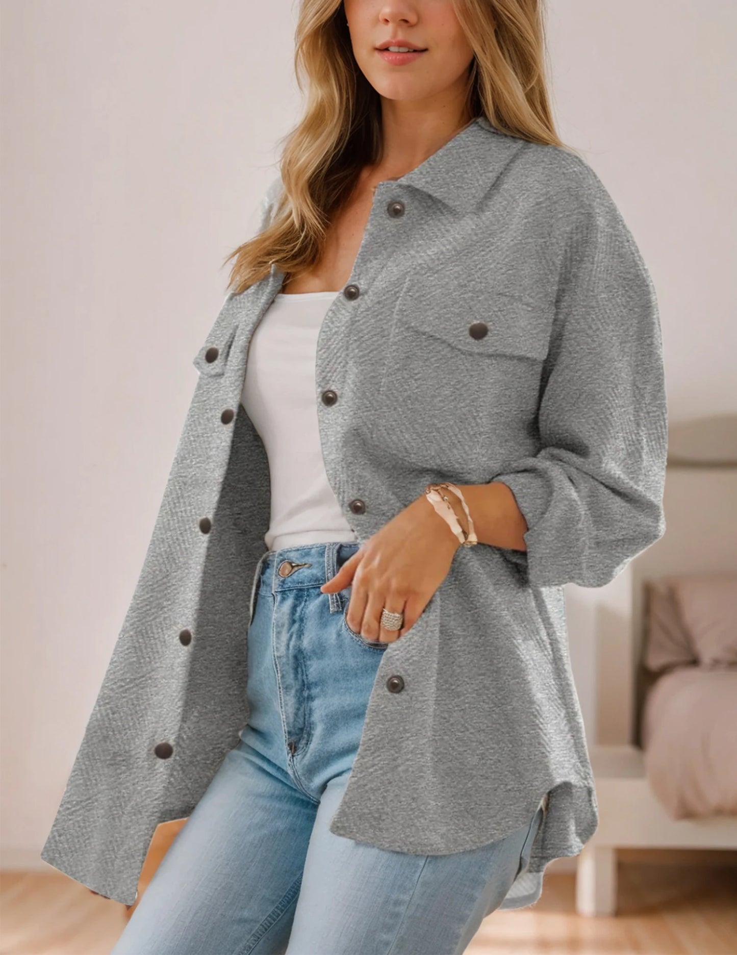 Women's Jacket with Pockets Casual Fall Season Long Sleeve Flannel Shirt Like