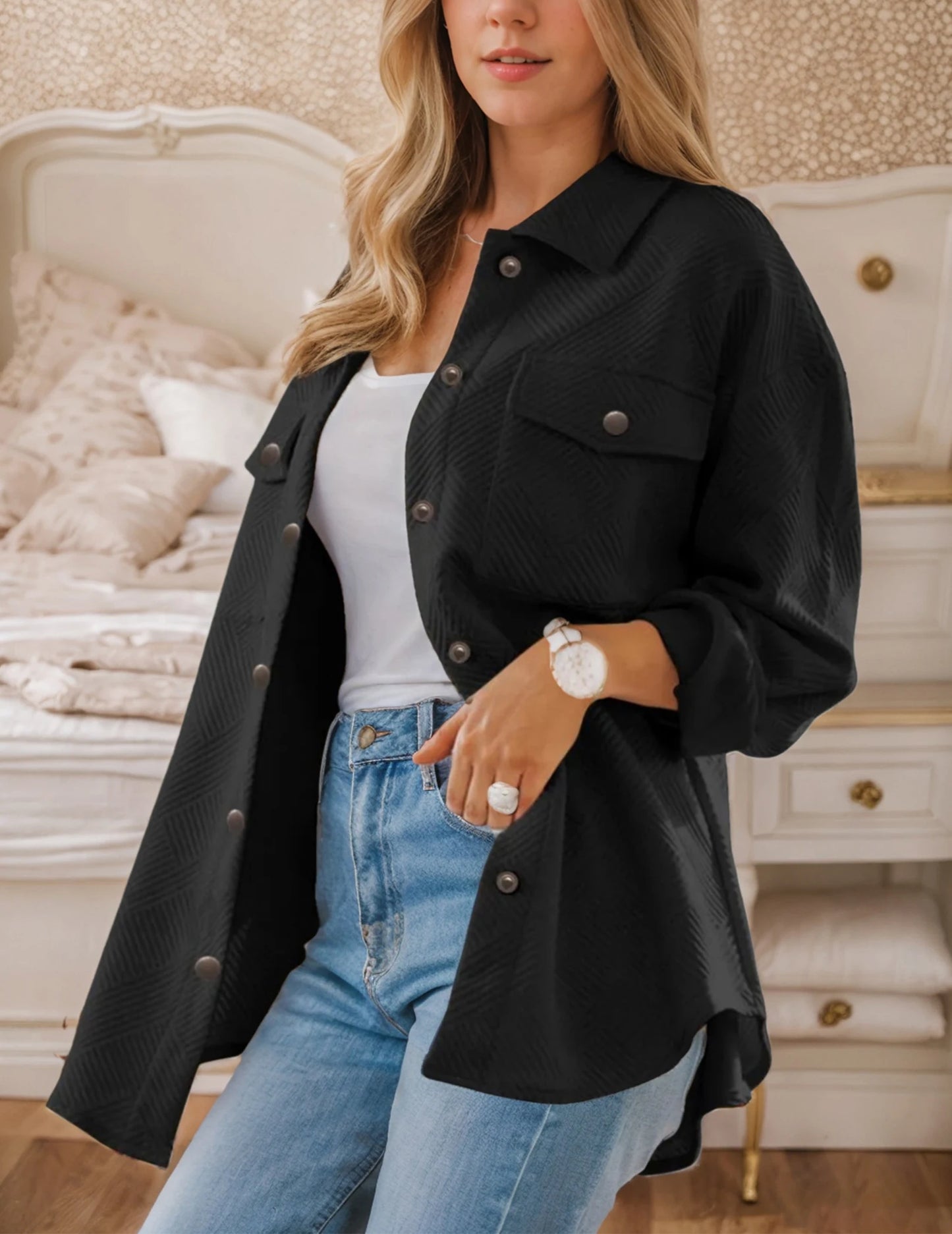 Women's Jacket with Pockets Casual Fall Season Long Sleeve Flannel Shirt Like